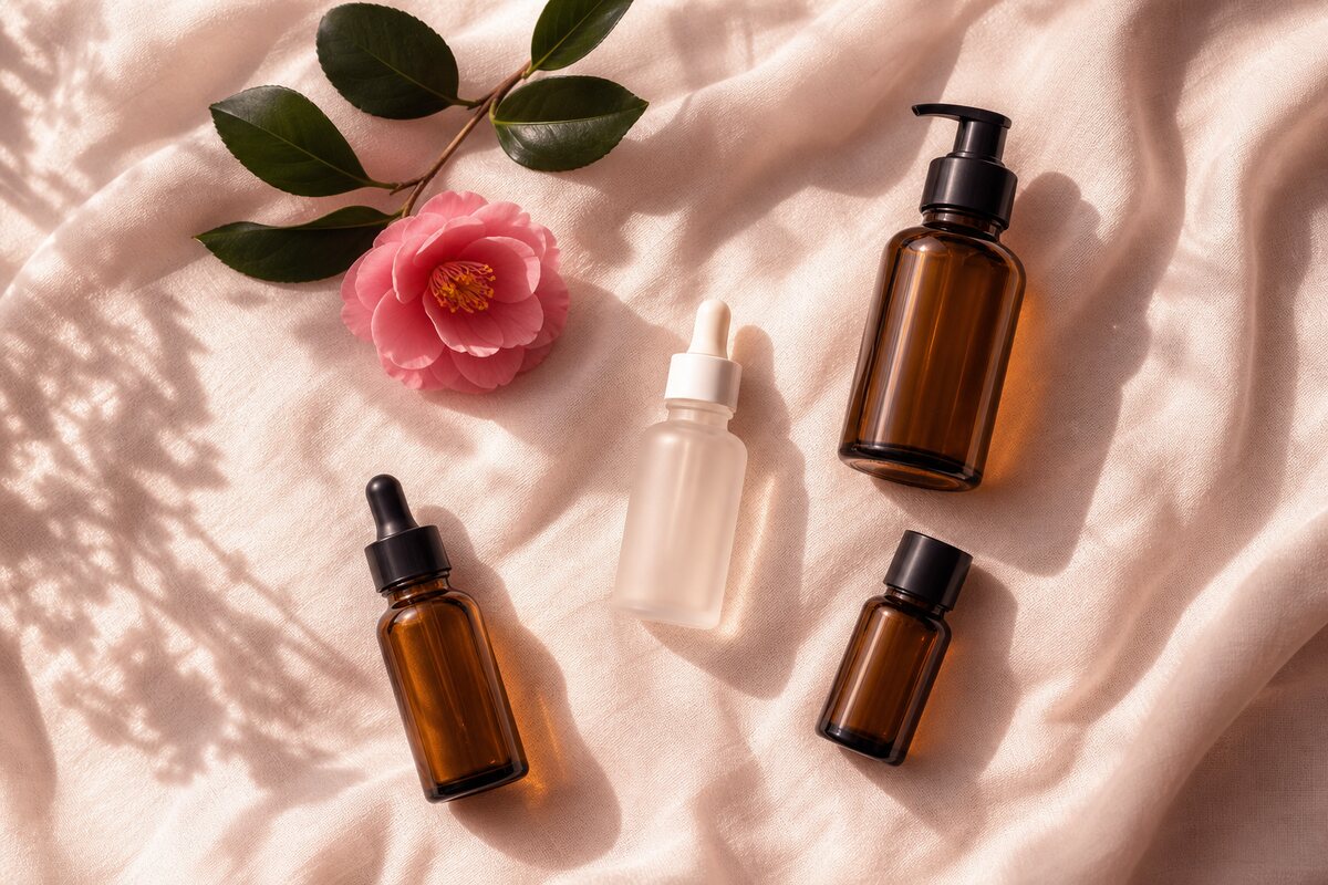 Stilleben med oparfymerade amber- och frostade glasflaskor och en rosa kamelia i mjukt ljus