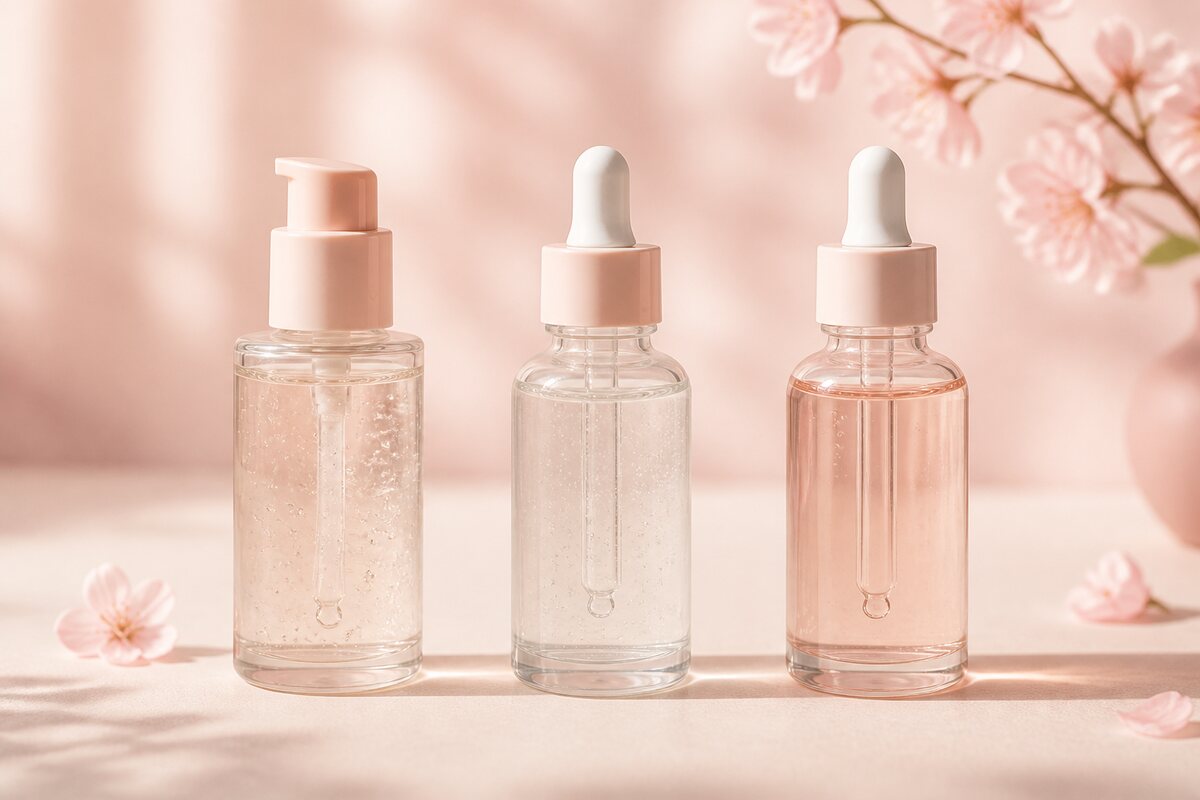 Tre flaskor i rad — toner, essence och serum — mot ljus bakgrund