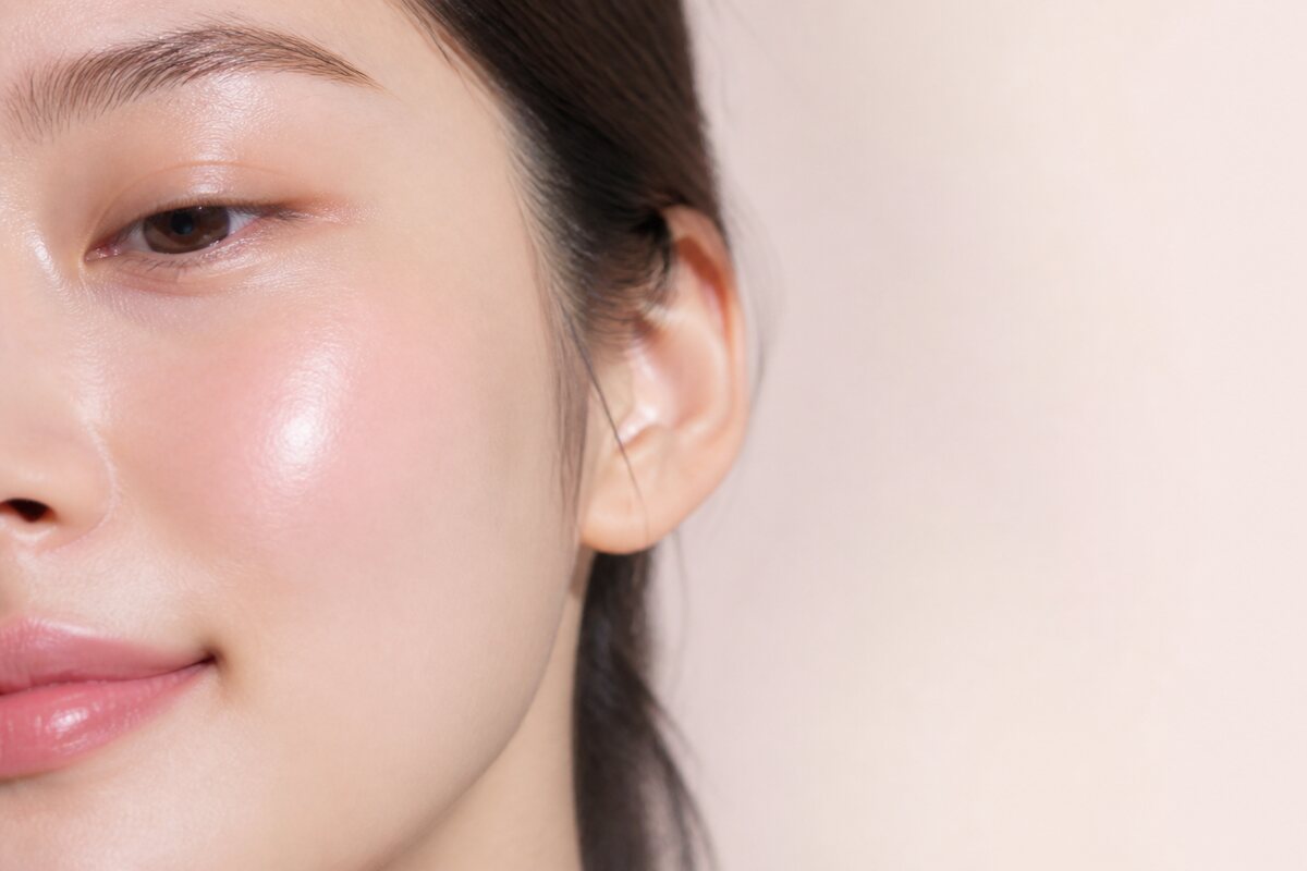 Närbild på dewy, glaslen hud med rosig lyster – glass skin-effekten i koreansk hudvård