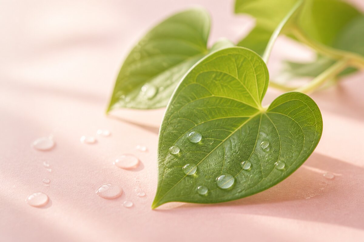 Hjärtformade heartleaf-blad (houttuynia) med daggdroppar på rosa yta