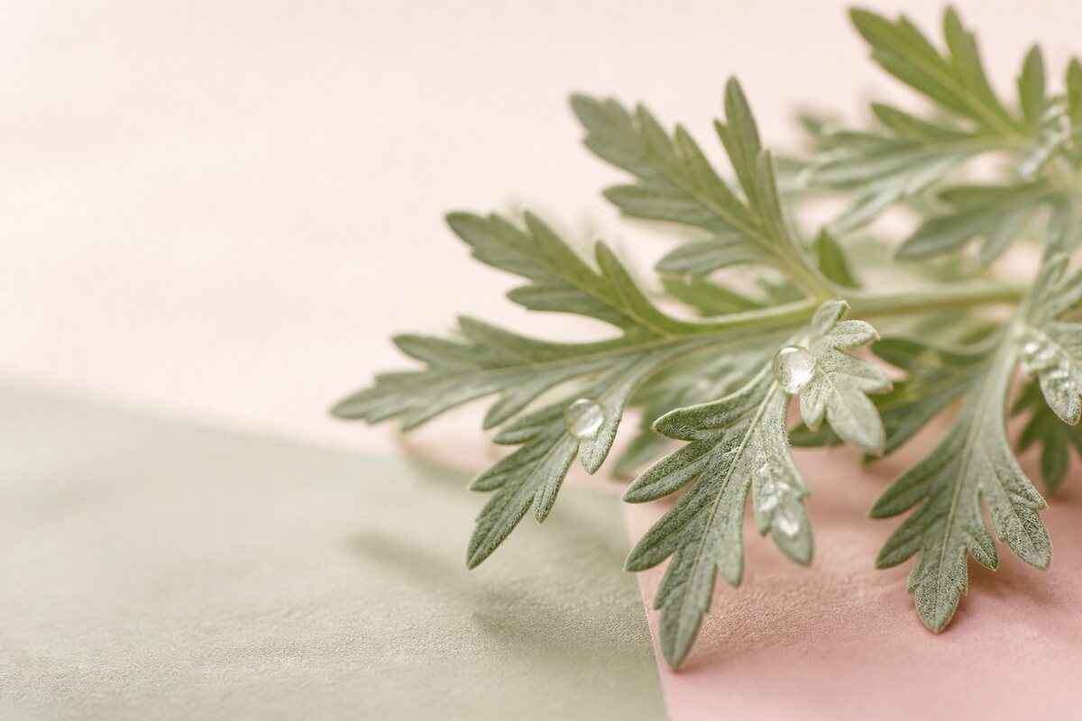 En kvist mugwort (artemisia) med daggdroppar – en lugnande koreansk ingrediens
