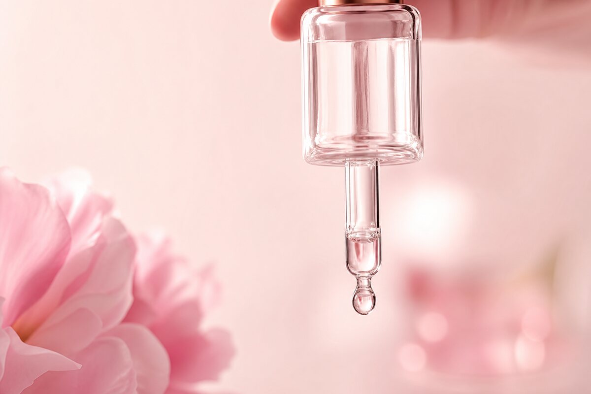 Oparfymerad glaspipett med en droppe niacinamidserum i mjukt rosa ljus