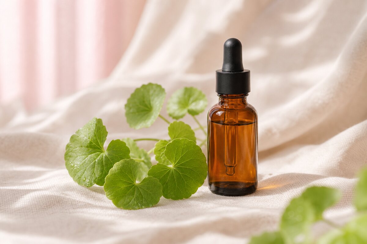 Bärnstensfärgad pipettflaska bredvid färska centella-blad på ljust linne — miljöbild till recensionen av Centella Ampoule