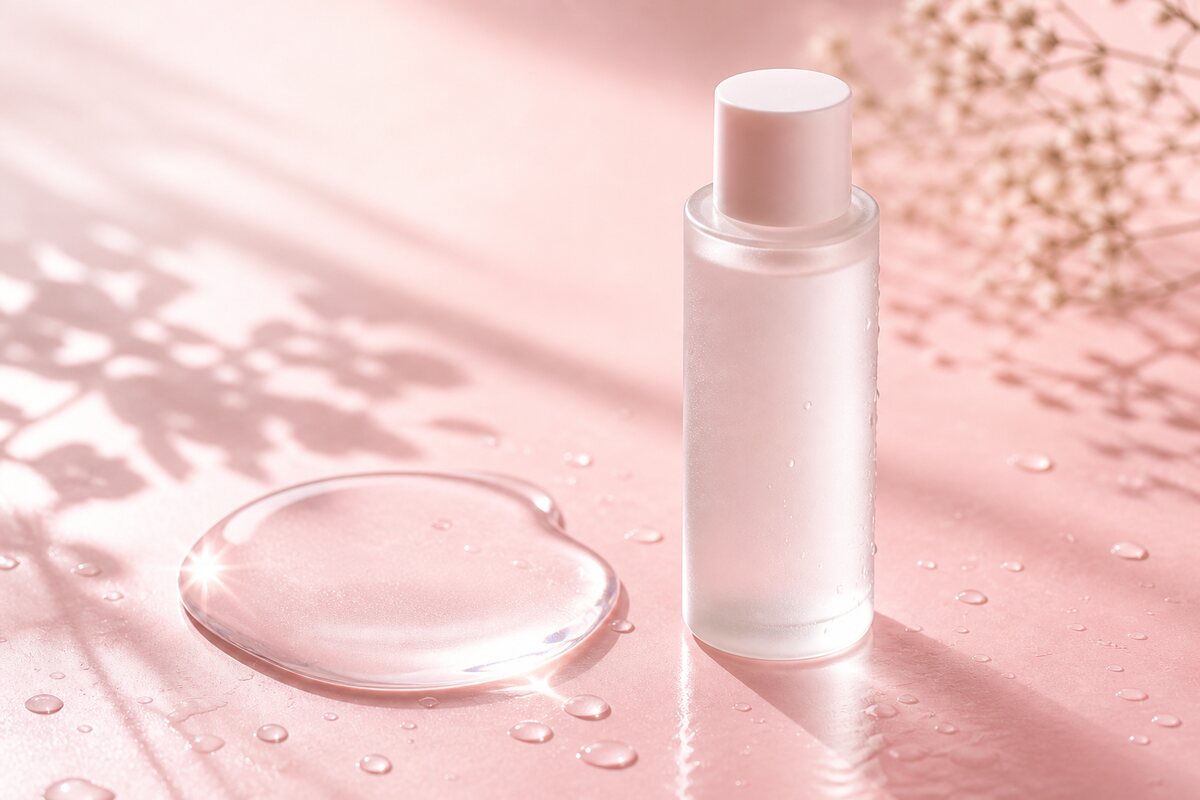 En frostad flaska med en stor klar vattendroppe – dewy fukt i sval rosa ton