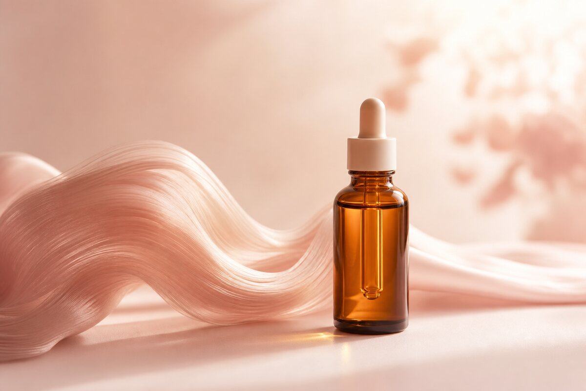 Liten oljefärgad dropparflaska hårserum — illustrationsbild till recensionen av Mise en Scène Perfect Serum
