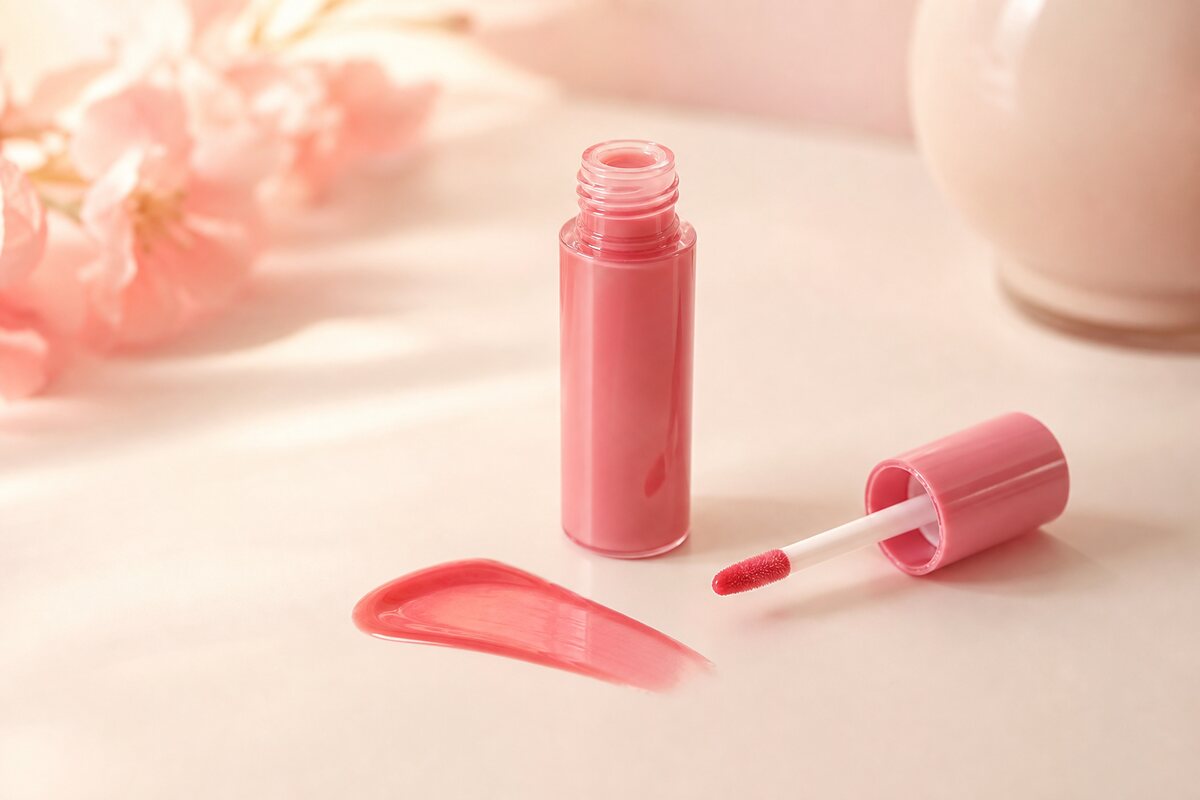 En liten, rosa läpptintsflaska med doe-foot-applikator bredvid ett genomskinligt färgswatch — bästa koreanska läpptints 2026