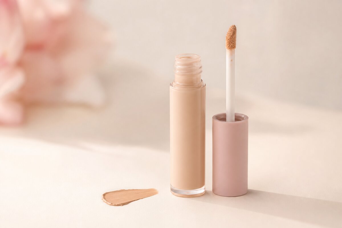 En öppen concealer-penna med applikatorspets synlig mot ett ljust underlag — bästa koreanska concealer 2026