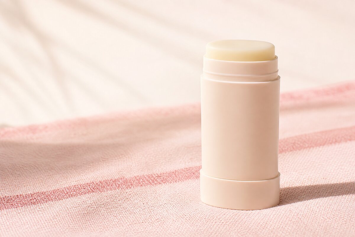 Ett omärkt solstift i twist-up-hylsa på rosa handduk i varmt ljus — bästa koreanska sun sticks 2026
